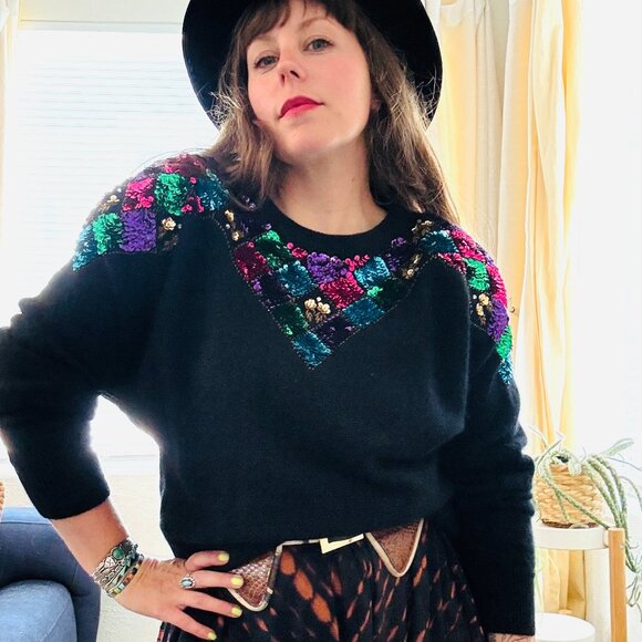 Vintage Sweaters - Vintage 80s Climax Black Lambswool Angora Bright Sequin Sweater | Size M/L